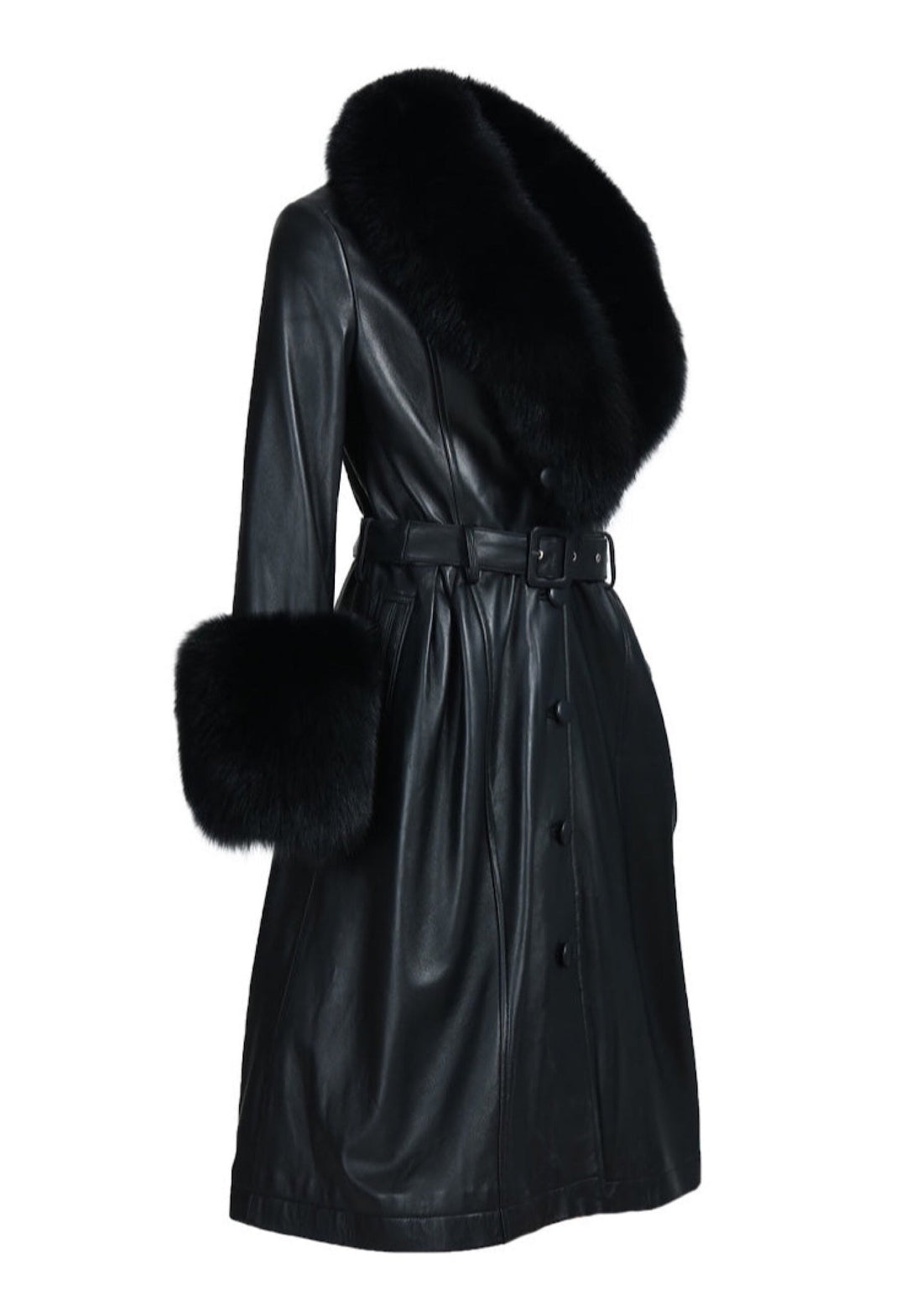 Trench in leather for woman. The combination of leather and fur adds a luxurious. 