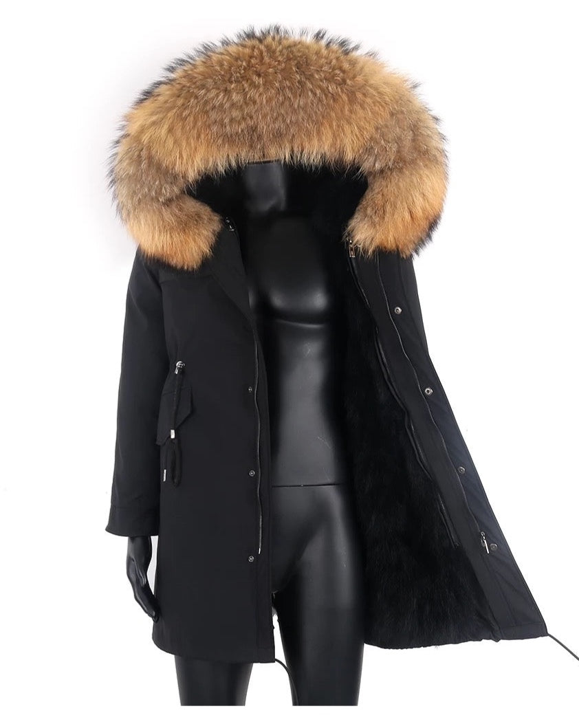 Men black parka with large fox fur hood. Fur lining designed by MULVANNI.