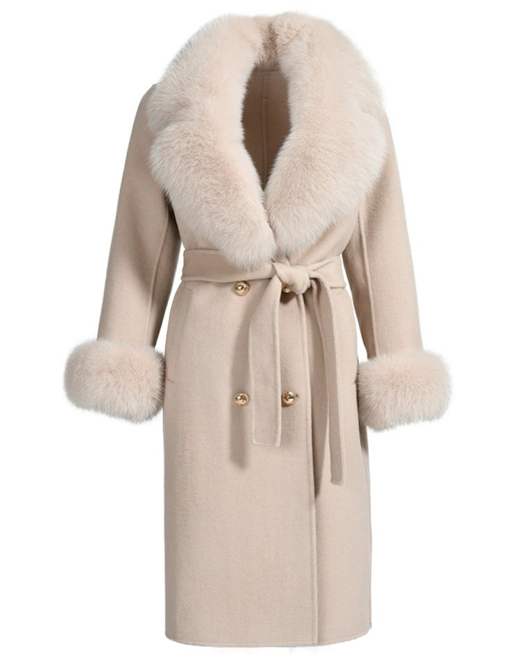A cashmere beige coat timeless style and rich materials exude elegance and comfort.
