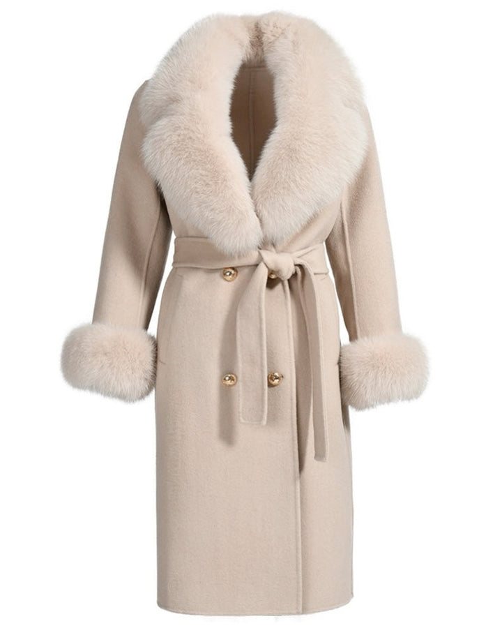 A cashmere beige coat timeless style and rich materials exude elegance and comfort.