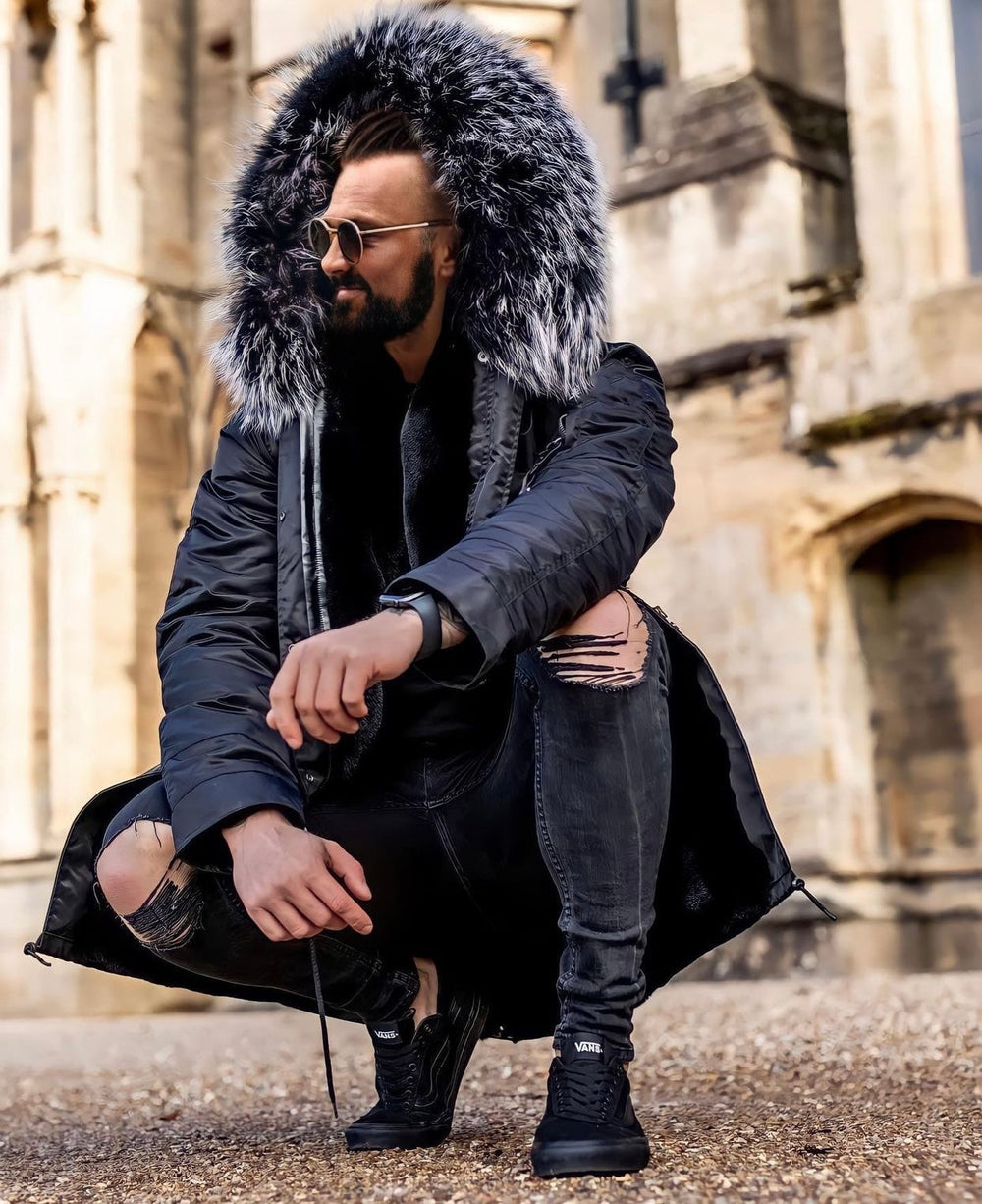 Black men parka with fox fur hood. 