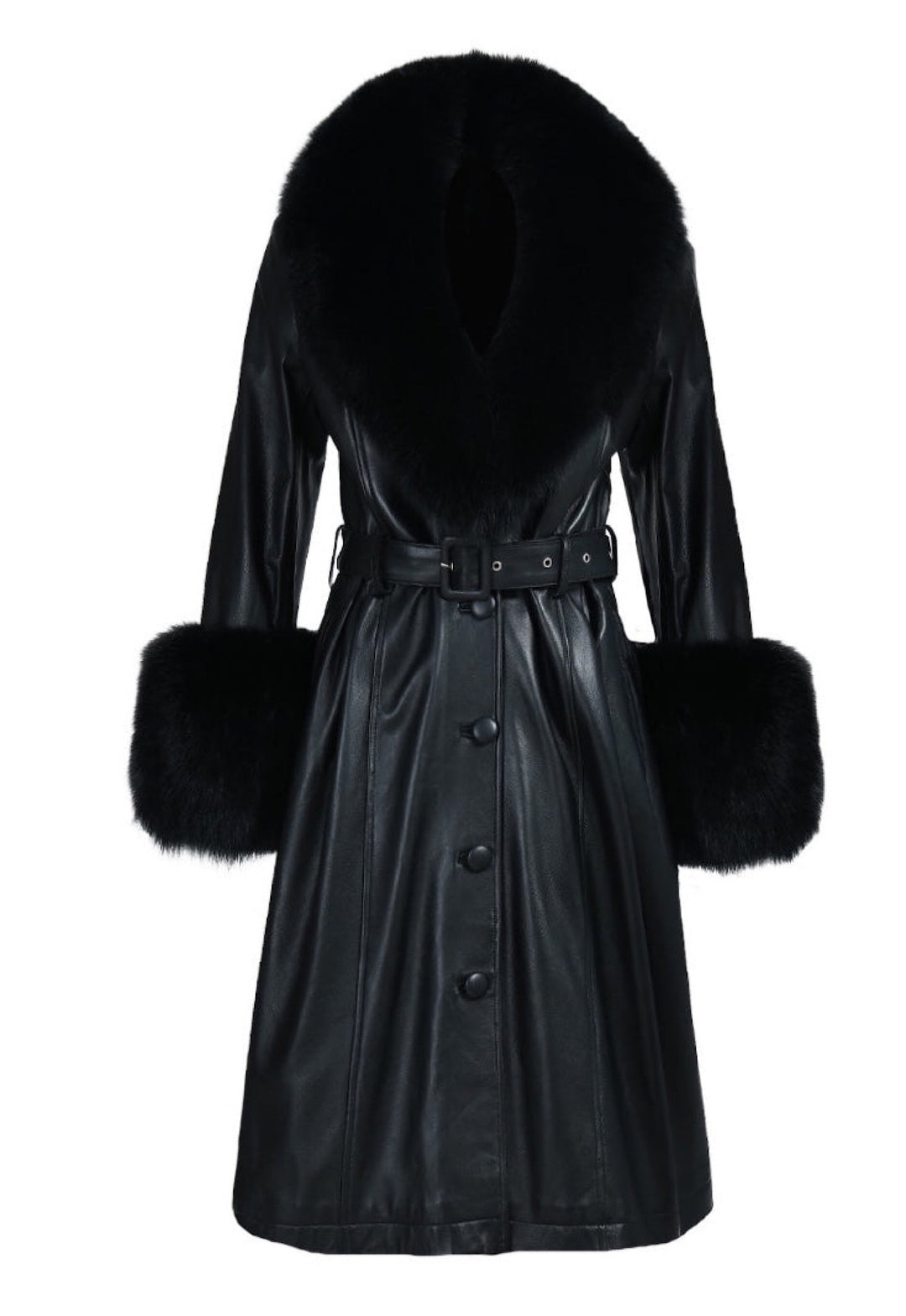 black leather trench coat with a dramatic black fox fur collar and matching cuffs creates an effortlessly elegant winter look, worn by a woman embracing modern sophistication.