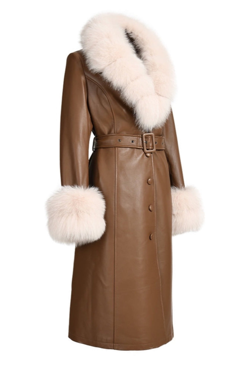 A fashionable brown leather trench coat with soft beige fox fur trim. The coat’s tailored silhouette and rich textures make it a standout piece for winter fashion.