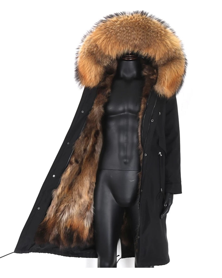Men midi black parka made with high-quality fox fur, providing exceptional insulation and a sleek silhouette. The coat's modern design is perfect for cold-weather outings.