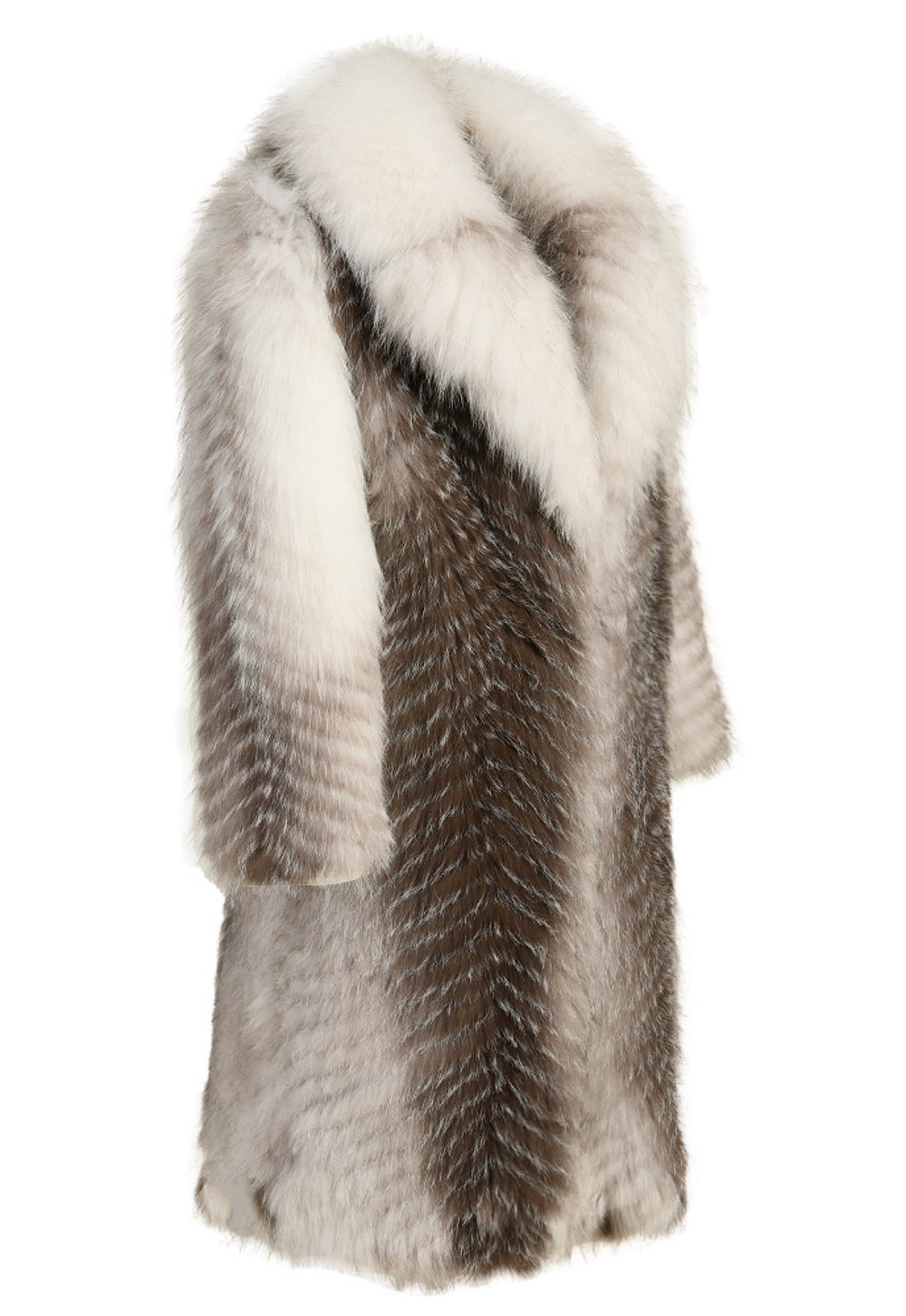 Elegant long-sleeve Arctic Crossed Marble Fox Fur coat with a satin lining that adds ultimate softness and sophistication.