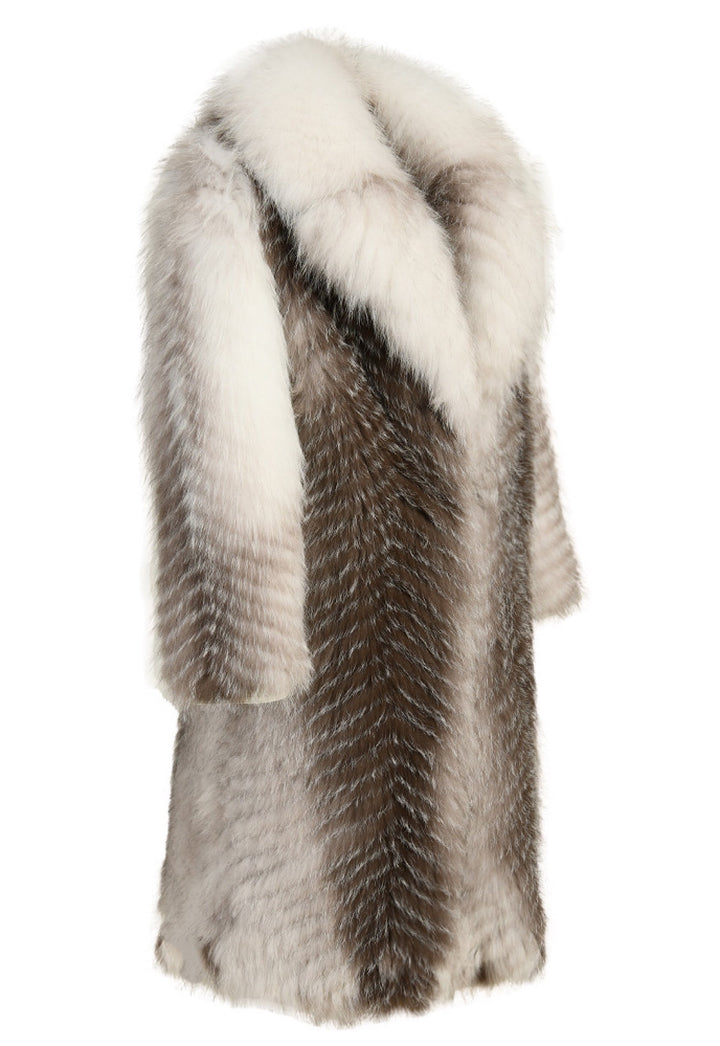 Elegant long-sleeve Arctic Crossed Marble Fox Fur coat with a satin lining that adds ultimate softness and sophistication.