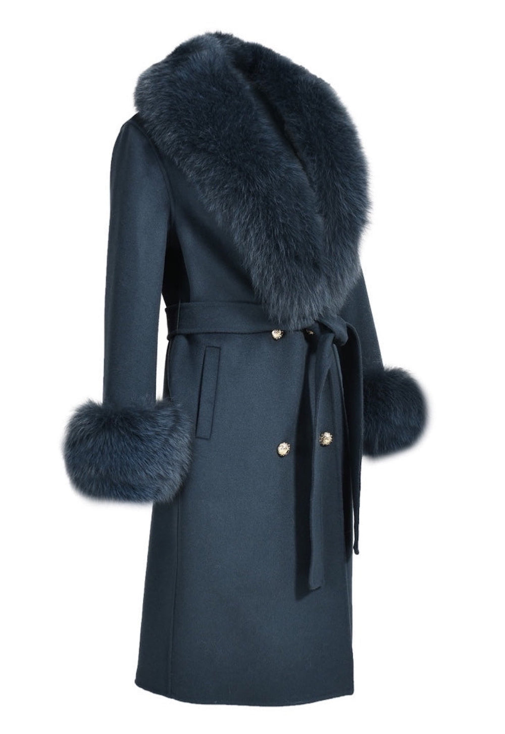 A striking Aegean blue cashmere coat featuring rich fox fur accents along the collar and cuffs. The combination of bold color and fur adds sophistication and warmth to her outfit.