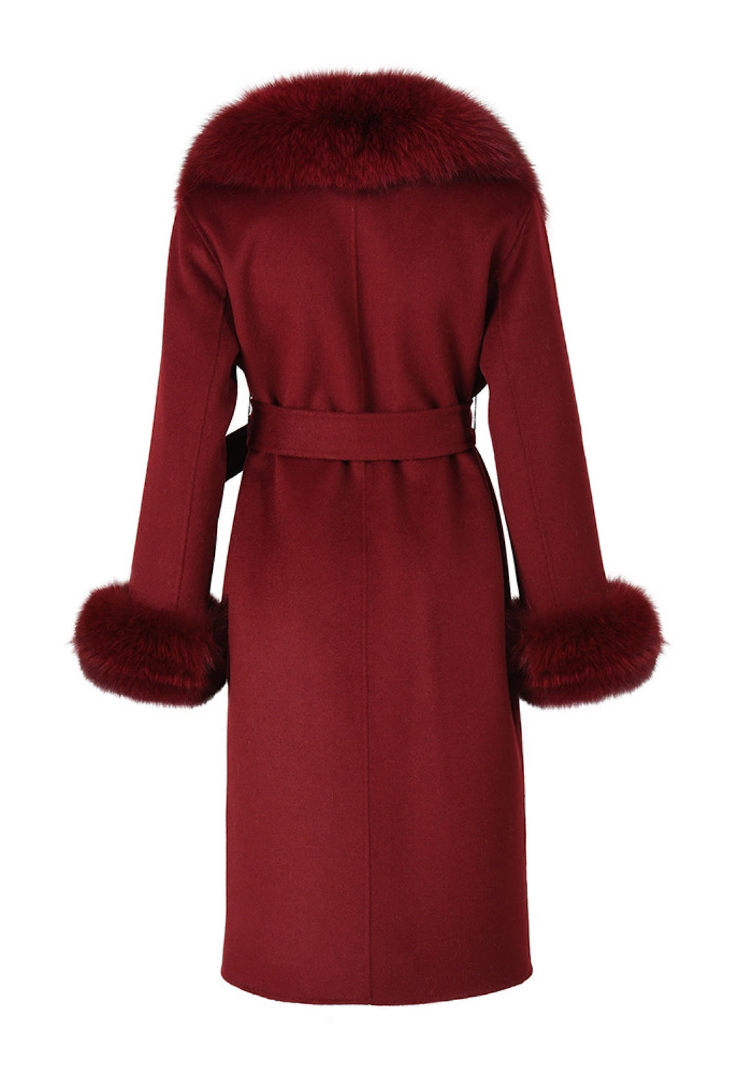 A burgundy classic coat with soft fox fur accents. The coat’s sleek silhouette and plush fur details create a chic and elegant statement for colder seasons.