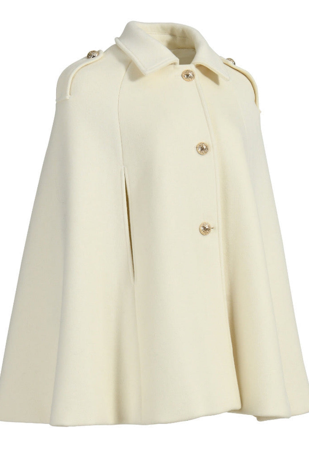 Elegant off white cashmere cape with gold buttons, featuring structured shoulders and a smart collar, bestseller this winter.