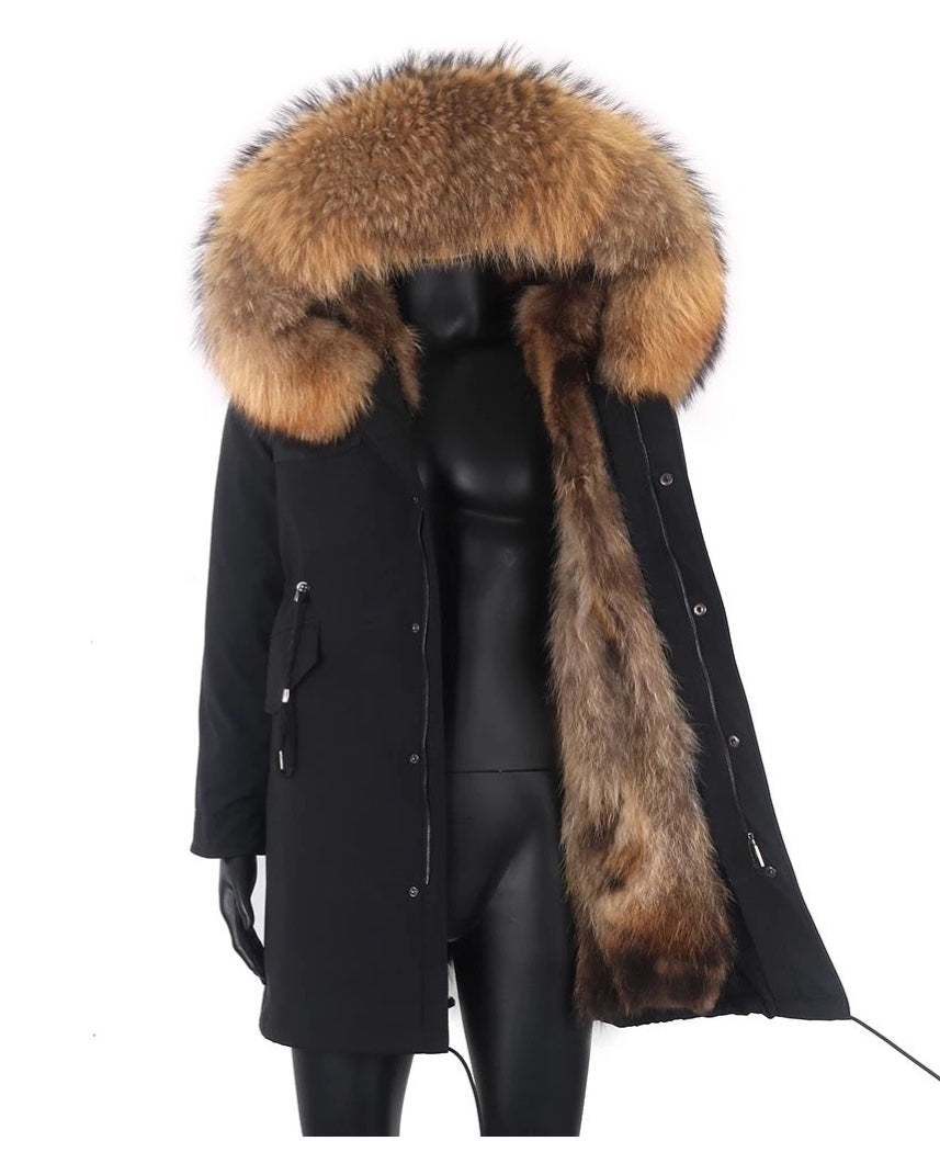 Men black parka with large fox fur hood. Fur lining designed by MULVANNI. 
