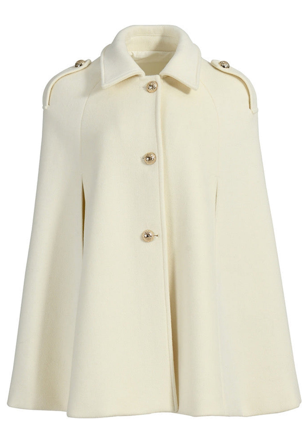 Off white CATERINA cashmere cape with gold buttons, relaxed volume design, structured epaulettes, smart collar, bestseller this winter.