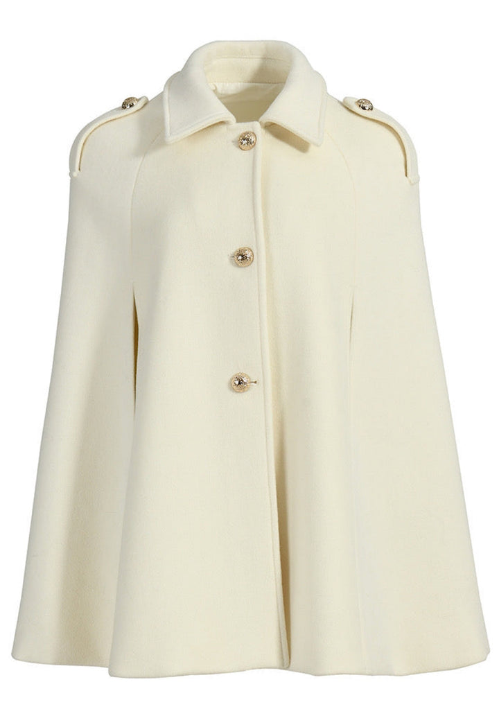 Off white CATERINA cashmere cape with gold buttons, relaxed volume design, structured epaulettes, smart collar, bestseller this winter.
