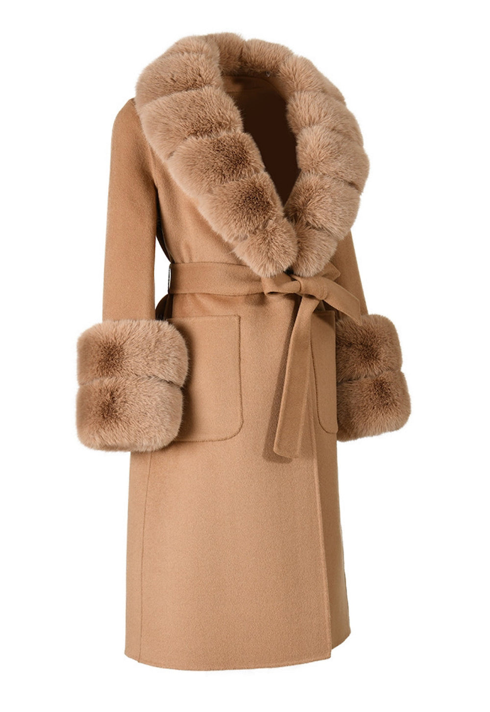 This elegant camel cashmere coat is adorned with soft faux fur accents, perfect for adding a touch of sophistication to any outfit.