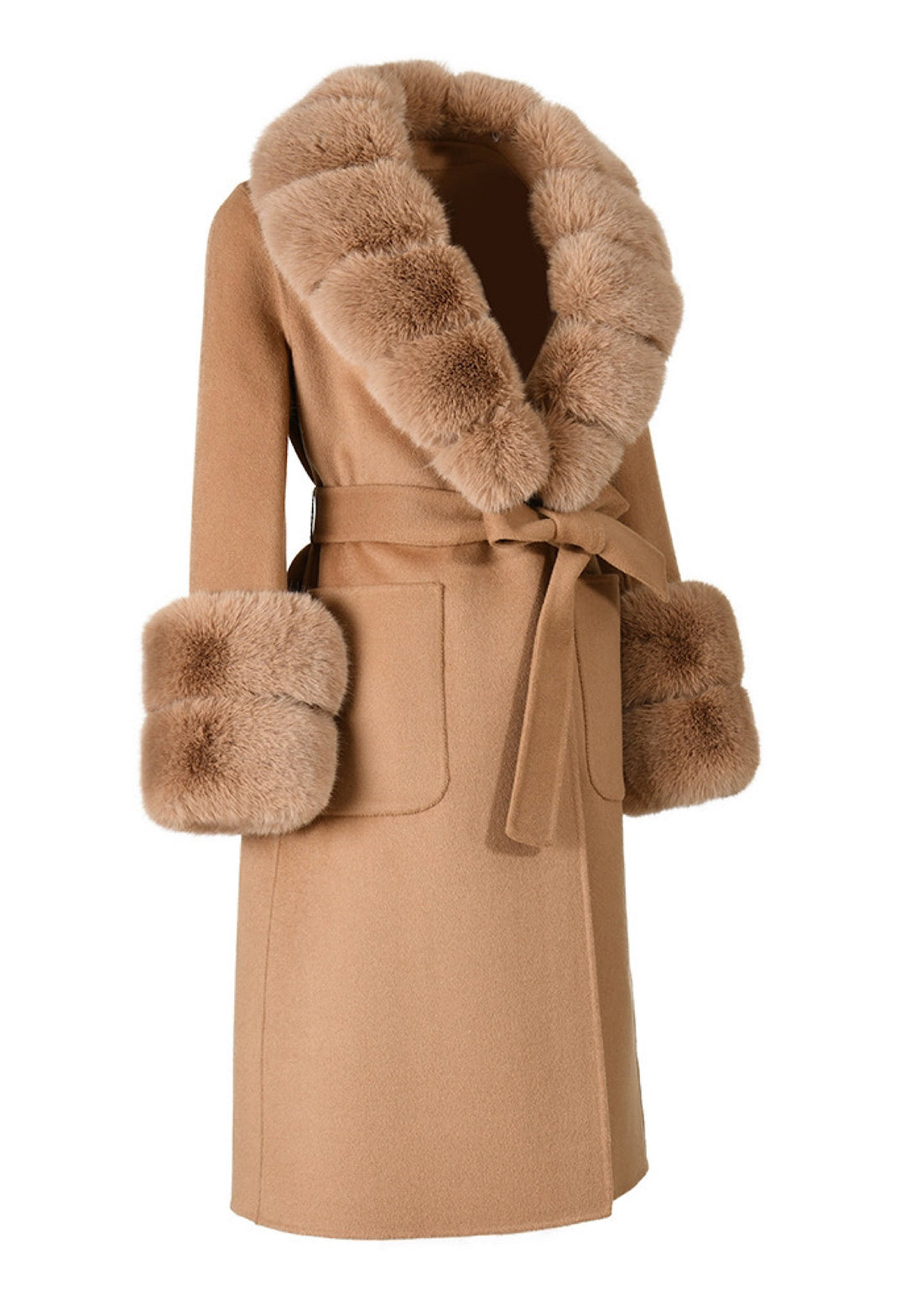 This elegant camel cashmere coat is adorned with soft faux fur accents, perfect for adding a touch of sophistication to any outfit.